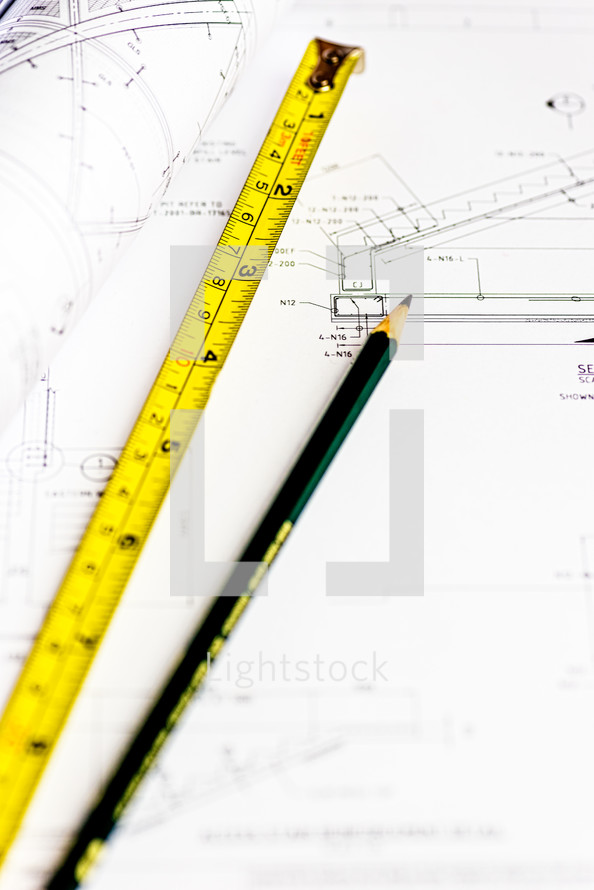 tape measure, blueprints, building project, pencil 