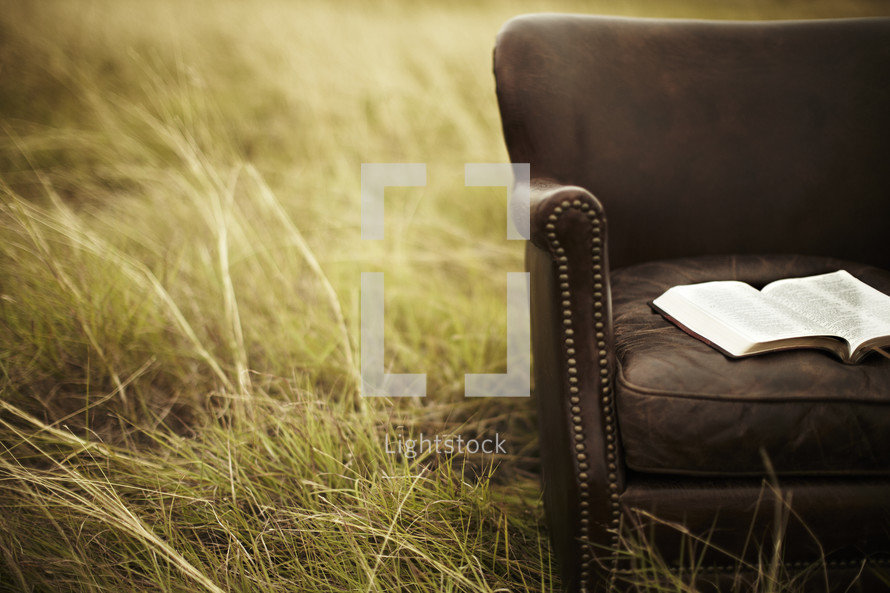 A Bible rests on a leather chair in a grassy field. 