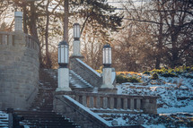 snow on stone steps 