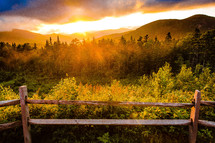 fence line and mountain forest at sunset 