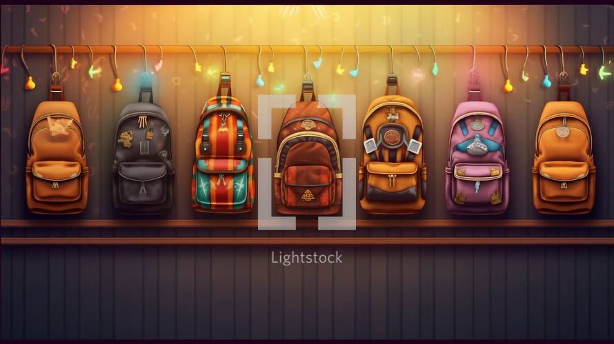 colorful school backpacks hanging on the wall