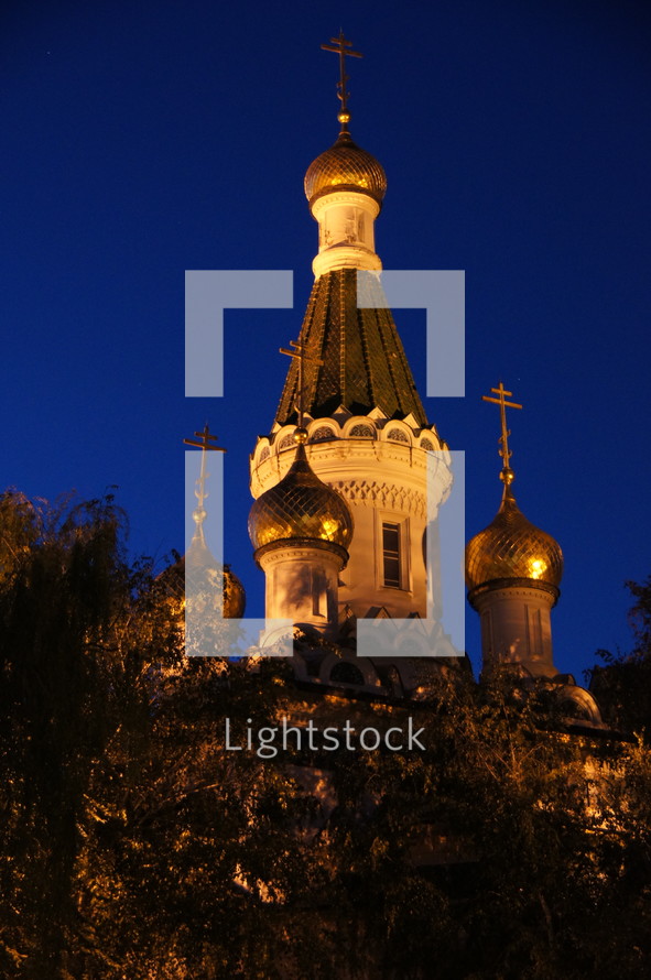 Russian-orthodox St. Nicholas Cathedral in Sofia, Bulgaria by night.