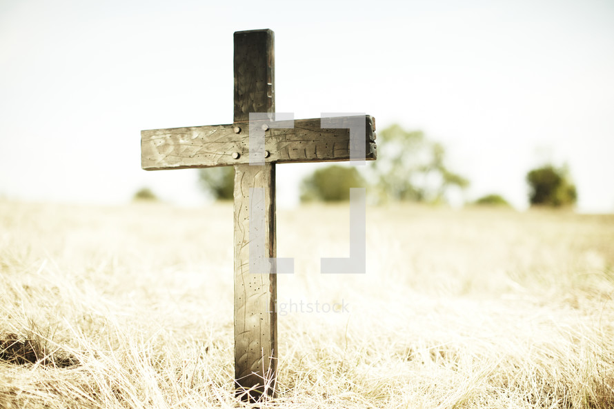 Wooden cross in a field
