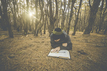 a man lying on the forest floor reading a Bible 