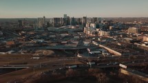 Drone Aerials of evening traffic near a busy downtown area