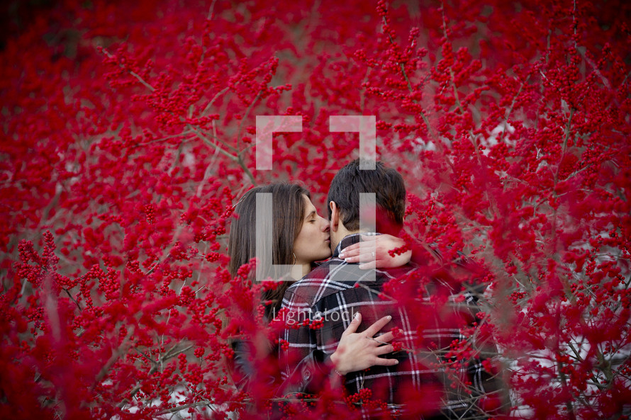 couple kissing between branches covered with red berries
