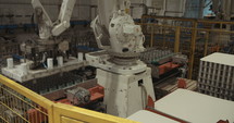 Robotic arm placing canned food for packaging in a warehouse