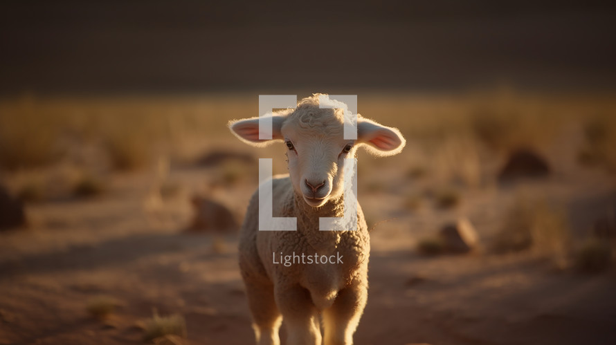 Portrait of a lamb standing alone in the desert. 