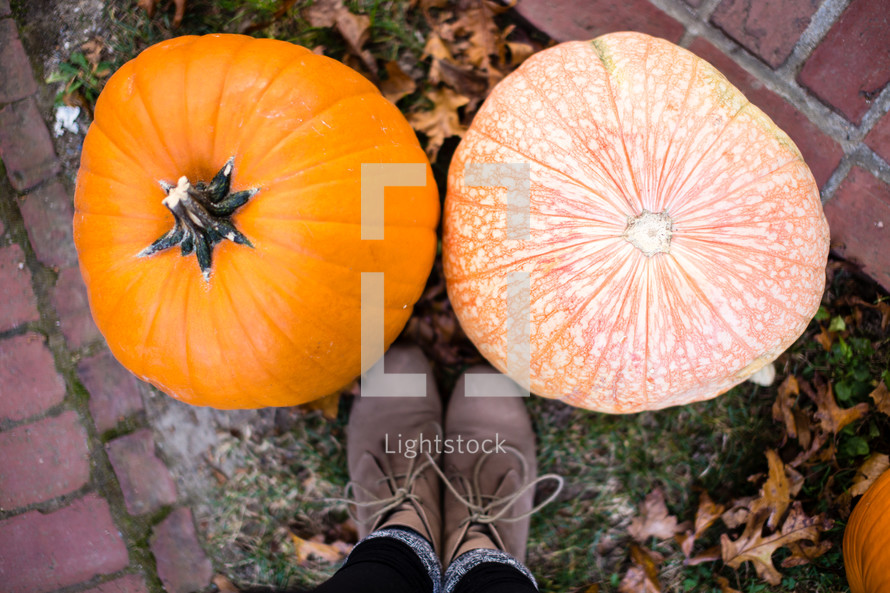 Feet by pumpkins on the ground with fall leaves.