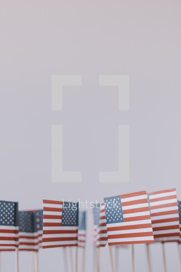 A group of small American flags on a white background.