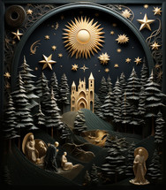 3D Christmas holiday greeting card with a small church and trees around it. Above are golden, glittering stars. Cute, festive and detailed. 