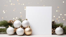 An empty Christmas card surrounded by fairy lights and silver ornaments. With space with greetings, well wishes, birthday greetings, A mockup for your design. 