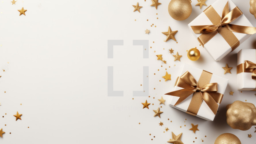 Small golden packages on the side of an empty space for text and copy. A cover for a family card for Christmas