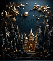 3D Christmas holiday greeting card with a small church and trees around it. Above are golden, glittering stars. Cute, festive and detailed. 
