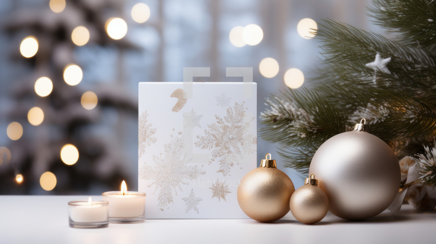 An empty Christmas card surrounded by fairy lights and silver ornaments. With space with greetings, well wishes, birthday greetings. A mockup for your design. 