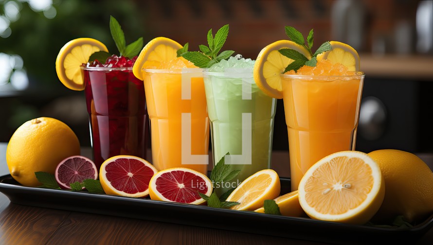 Composition with different fresh juices on wooden table in cafe, closeup