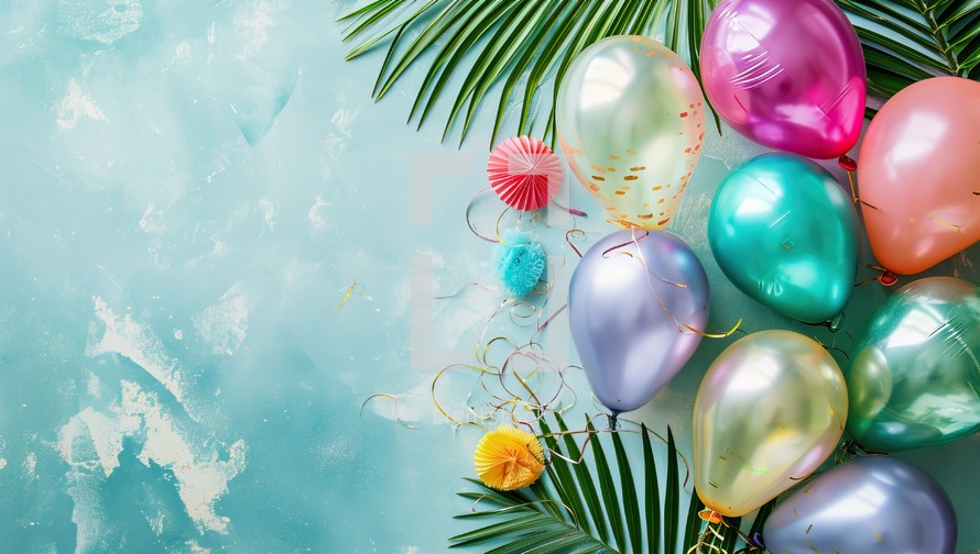 Flat lay composition with colorful balloons and palm leaves on blue background