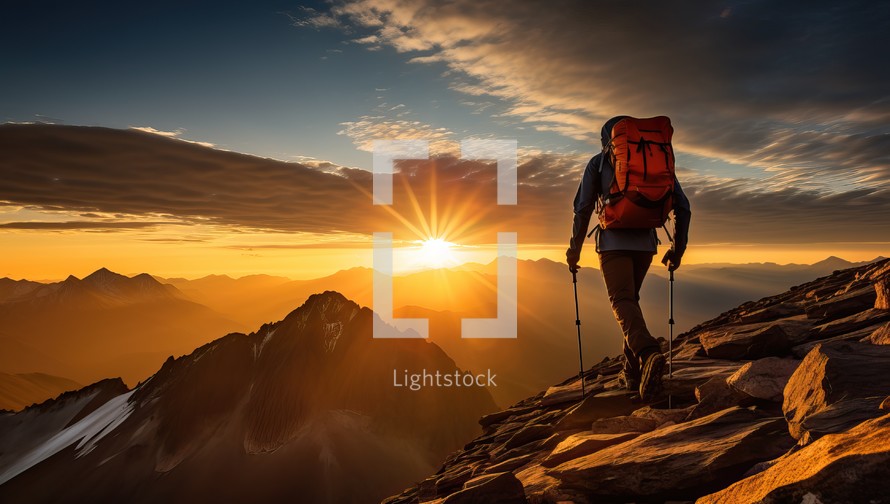 Hiker in the mountains at sunset. Sport and active life concept