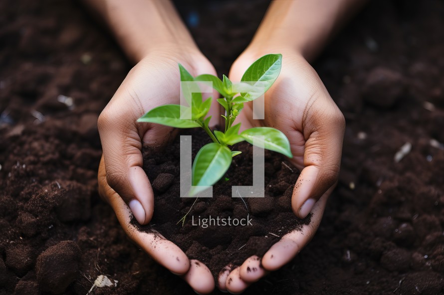 Human hands holding young plant with soil background. Earth day concept.