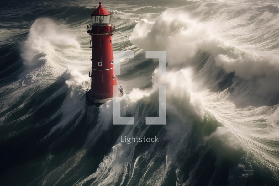 Aerial view of a red lighthouse in the middle of a stormy sea