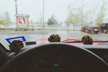 pine cones in a dashboard and rain on a windshield 