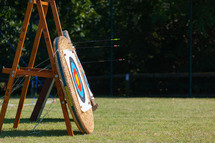 View of archery targets with arrows sticking in a competition.