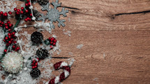 Christmas ornaments on a wood background 