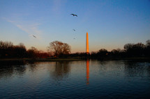 Washington monument at dusk reflecting in water
