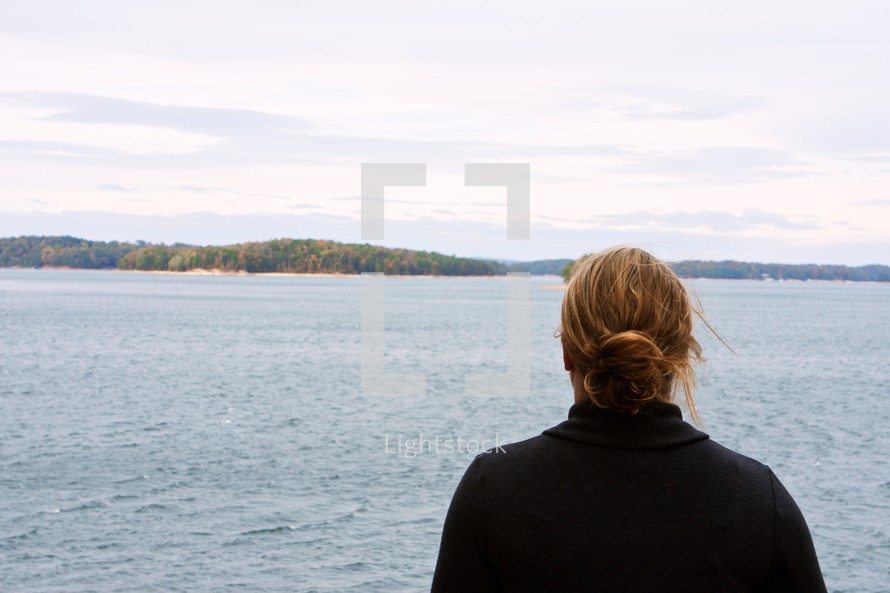 Back of woman's head as she looks out to the ocean with island in background.