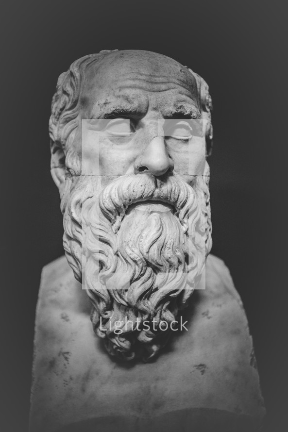 Marble bust sculpture of a bearded man.