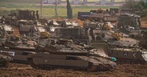 Gaza border, March 30, 2019. IDF tanks and APC's lined up in combat formation near the Gaza border.