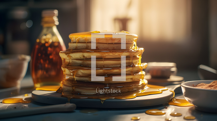 Abstract art. Colorful painting art of an exquisite plate of food. Pancake stack with syrup and honey.