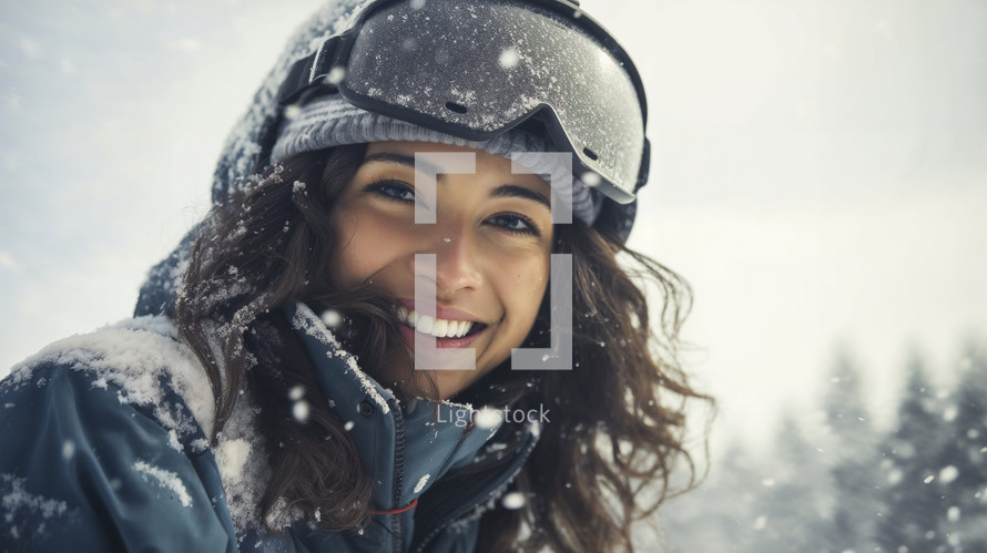 Winter joy: Smiling woman with snowflakes in her hair, wearing ski helmet.