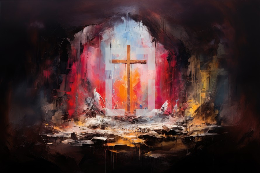 Cross in the cave. Digital painting illustration.
