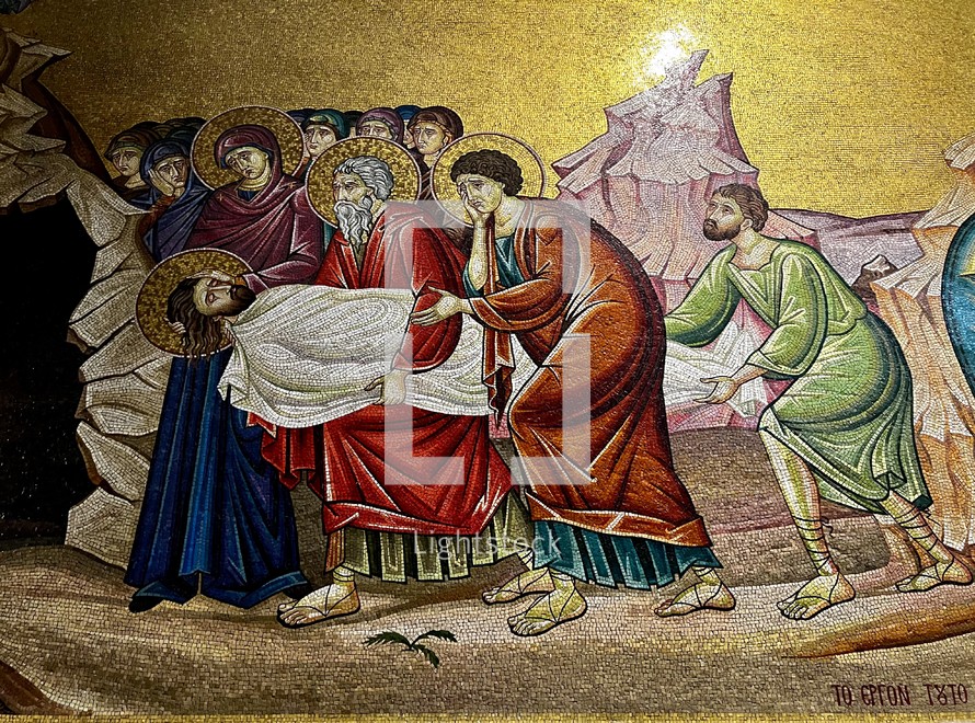 Mosaic scene of the Burial of Christ in the Church of the Holy Sepulchre