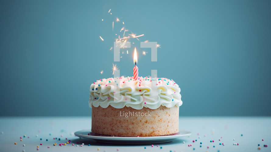 Single lit candle on a birthday cake. 