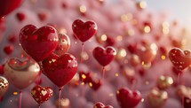 A romantic scene of red heart shaped balloons with golden sparkles