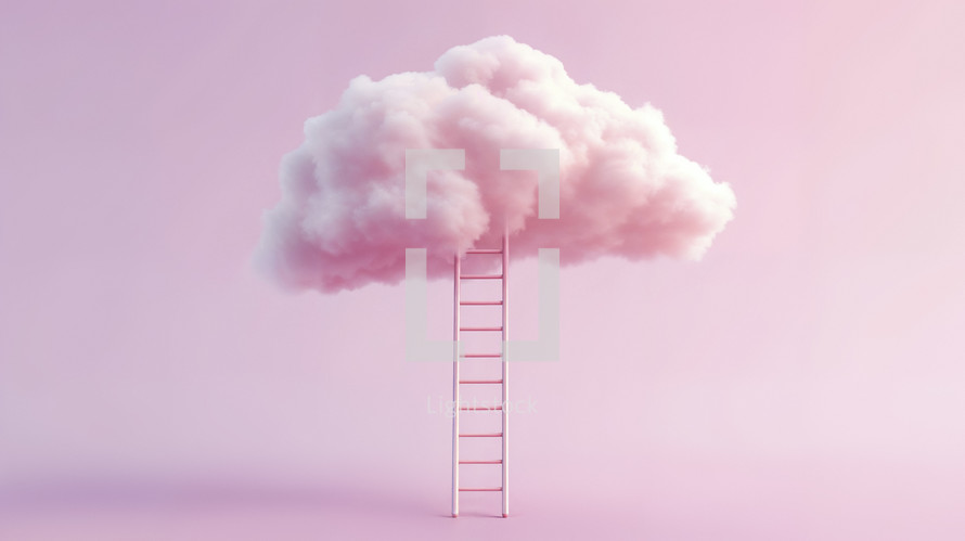 A whimsical concept of a ladder reaching up to a fluffy cloud on a pink background.