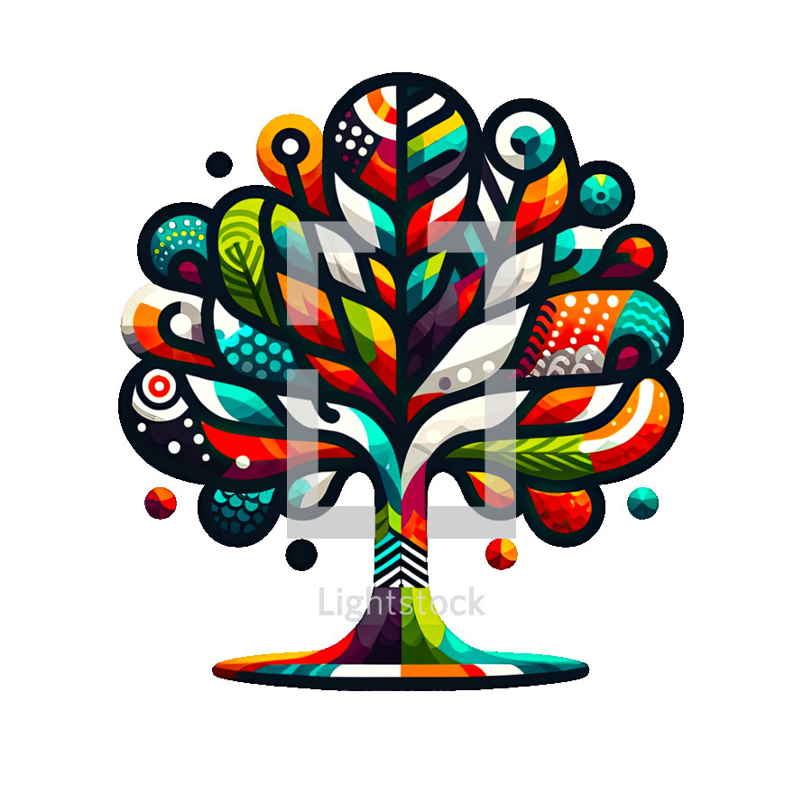 Logo of a stylized tree with vibrant, colorful leaves, combining elements of nature with an abstract, modern twist.