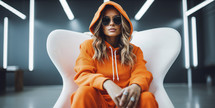 Stylish woman in a vibrant orange hoodie and sunglasses sitting confidently on a white modern chair, with cool neon lights in the background.