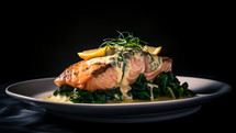 Abstract art. Colorful painting art of an exquisite plate of food. Grilled salmon with wilted spinach.