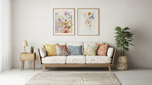 Cozy living room with a modern sofa adorned with colorful cushions and wall art.