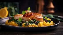 Abstract art. Colorful painting art of an exquisite plate of food. Pan-seared scallops with saffron risotto.