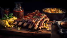 Abstract art. Colorful painting art of an exquisite plate of food. BBQ baby back ribs with homemade sauce and grilled corn.