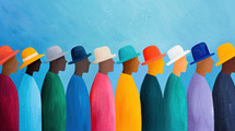 Vibrant illustration of diverse individuals in colorful hats, representing unity and inclusion against a bright blue background.