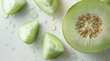 Freshly cut honeydew slices on a table with water droplets, highlighting the fruit's juiciness.