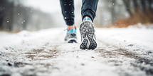 Close-up of a runner's feet on a snowy path, showcasing active winter lifestyle.