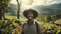 Portrait of a young afro american tourist exploring a coffee field in South America.