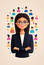 Illustration of a confident female leader surrounded by diverse team members, representing empowerment, diversity, and leadership.