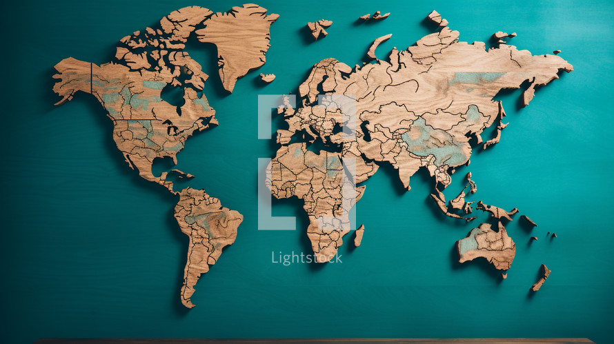 Wooden world map on a teal background. 